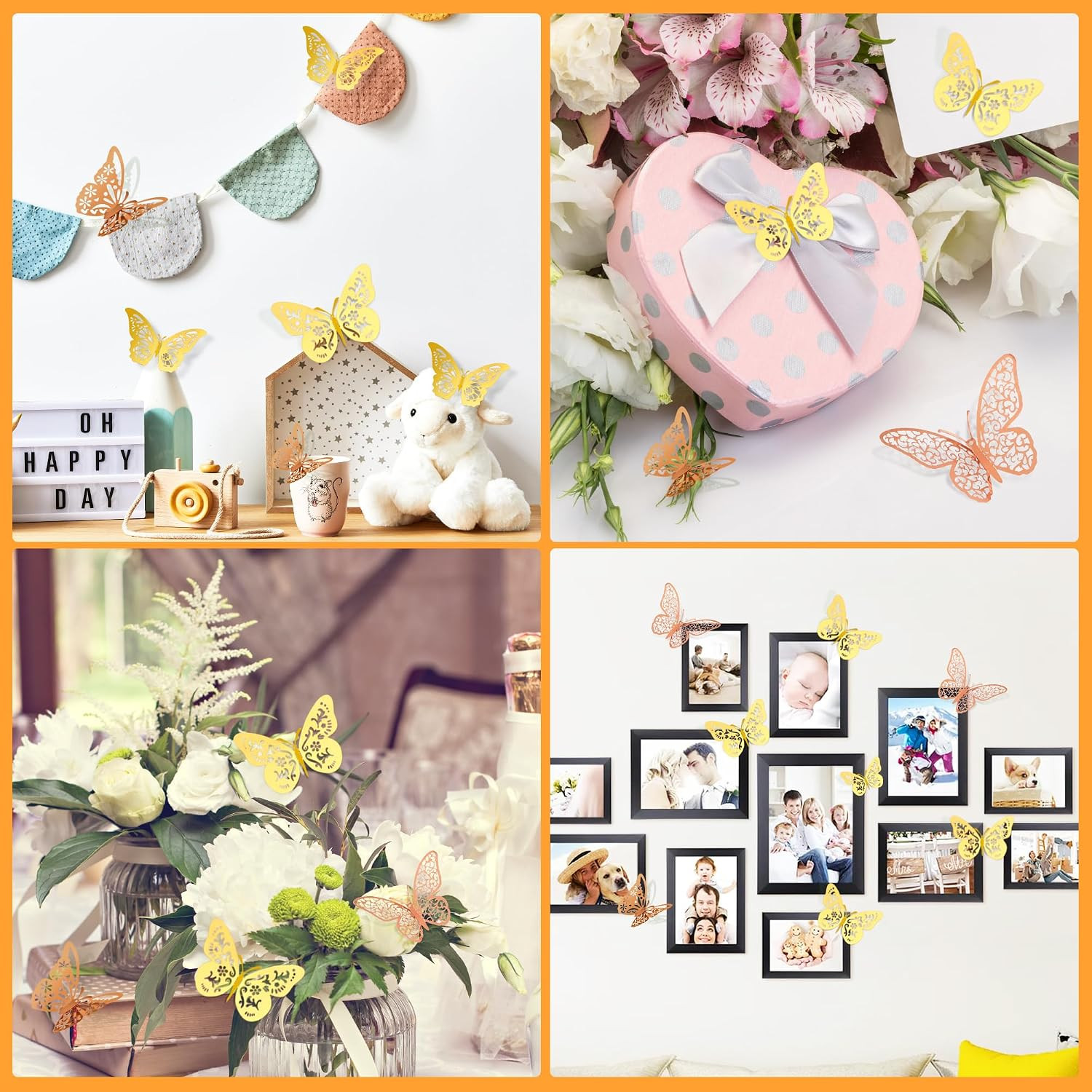 48 Pcs Gold and Rose Gold Butterfly Decorations, 4 Styles 3 Sizes, Wall