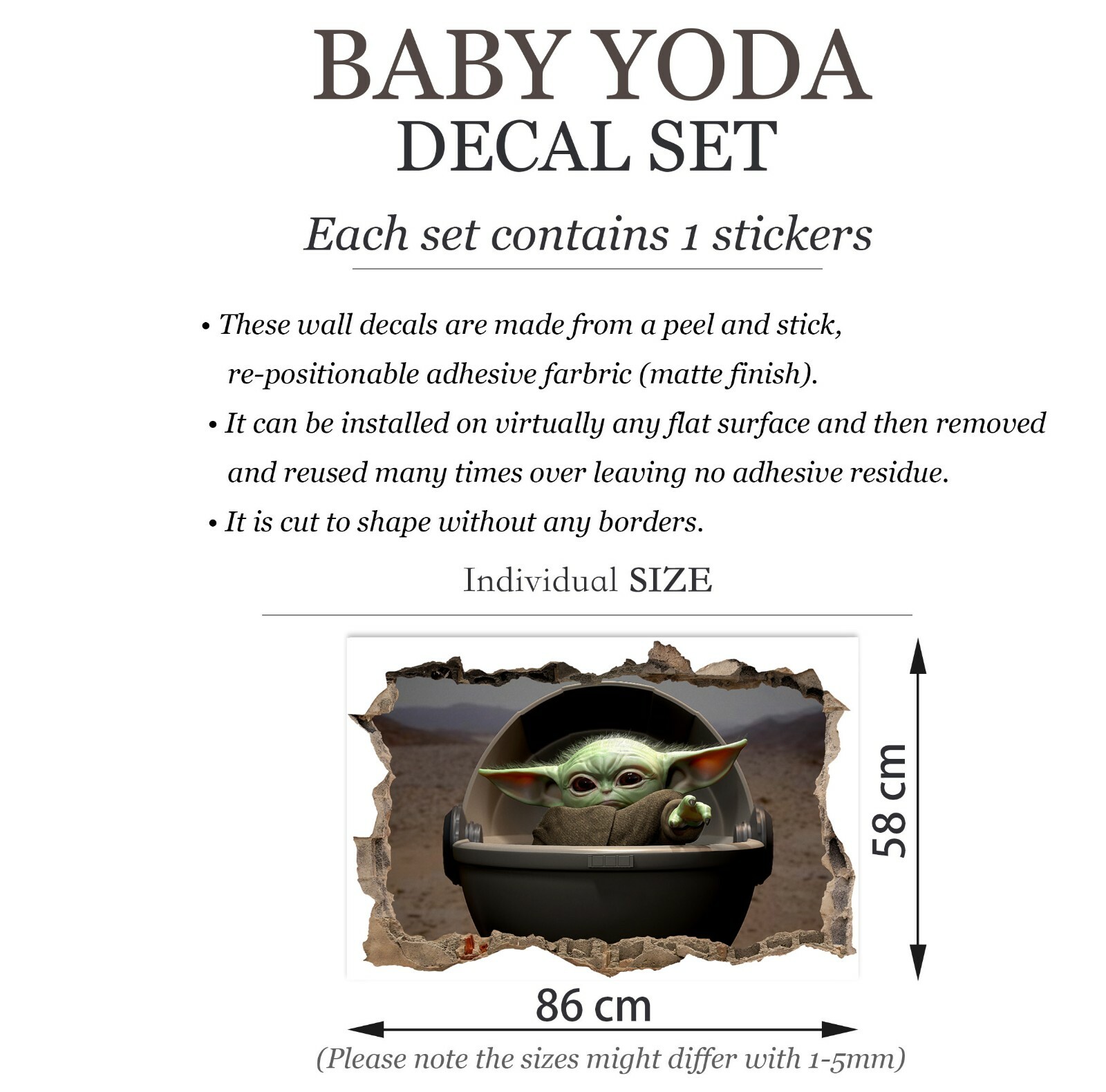 Star Wars Baby Yoda 3D Smashed Wall Removable Decal Sticker Room Decor Gift