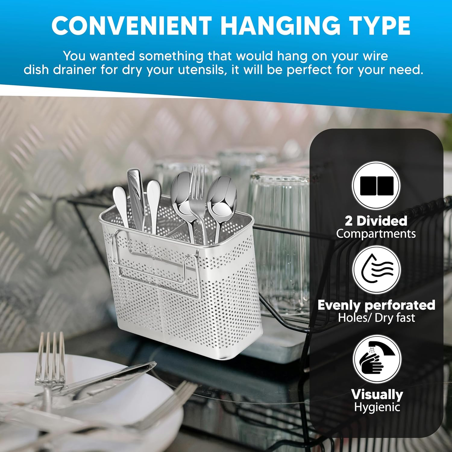 Silverware Drying Basket, Hanging Rectangular Utensil Holder with 2 Compartments