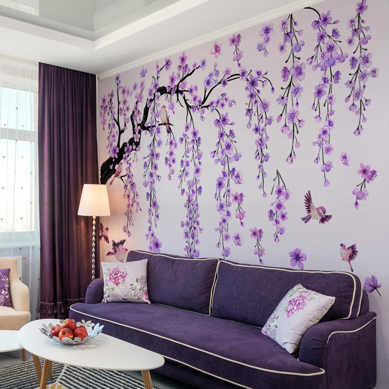 Purple Cherry Blossom Branch Wall Stickers Large Right-Extending Floral Bird …