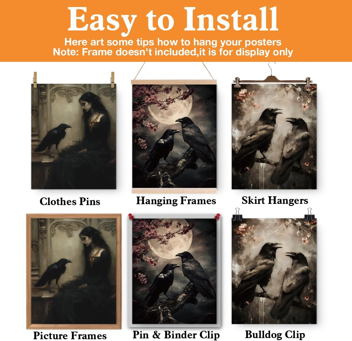 3Pcs Gothic Raven Halloween Wall Art Prints Creepy Dark Moody Crow Posters Artwo
