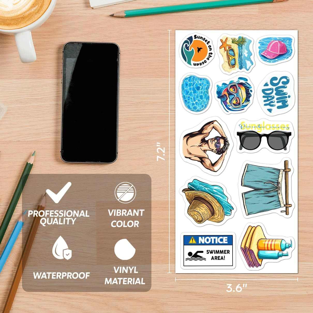 Summer Beach Pool Stickers Pack Vinyl Waterproof for Water Bottles Laptops Journ