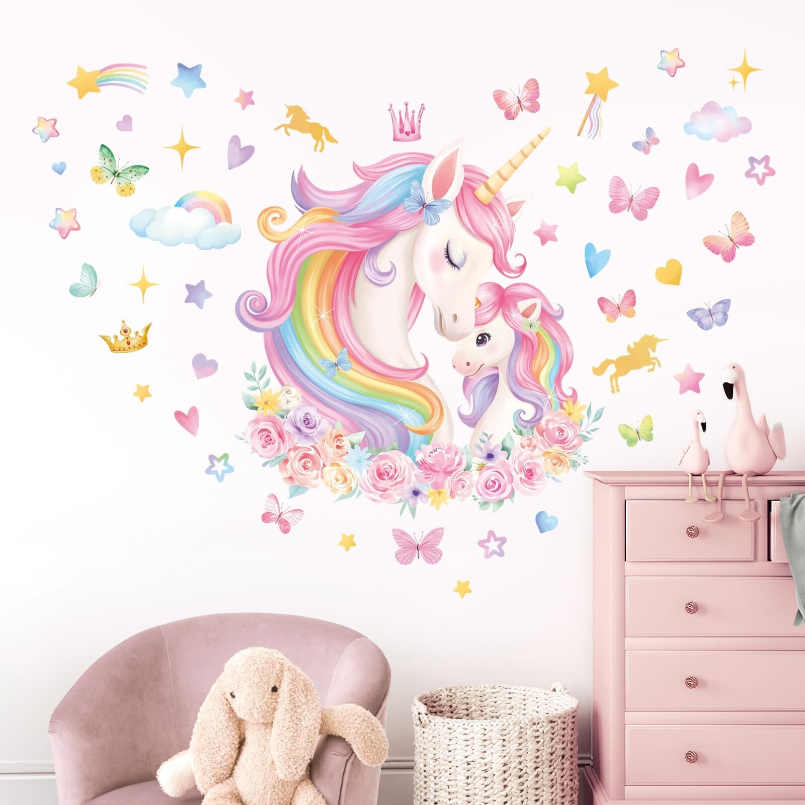 wondever Large Unicorn Wall Stickers Rainbow Baby Unicorn Butterfly Stars Pee…