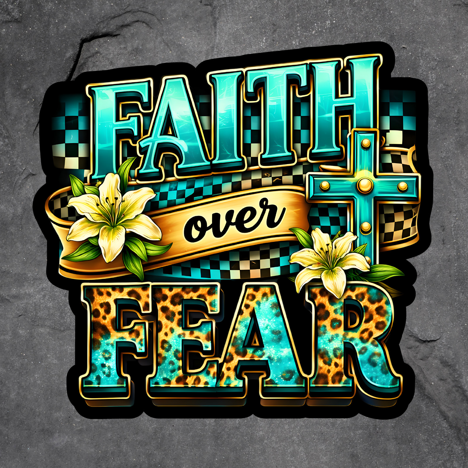 Christian Sticker Vinyl Decal Faith Over Fear Cross Leopard Print Floral Gift