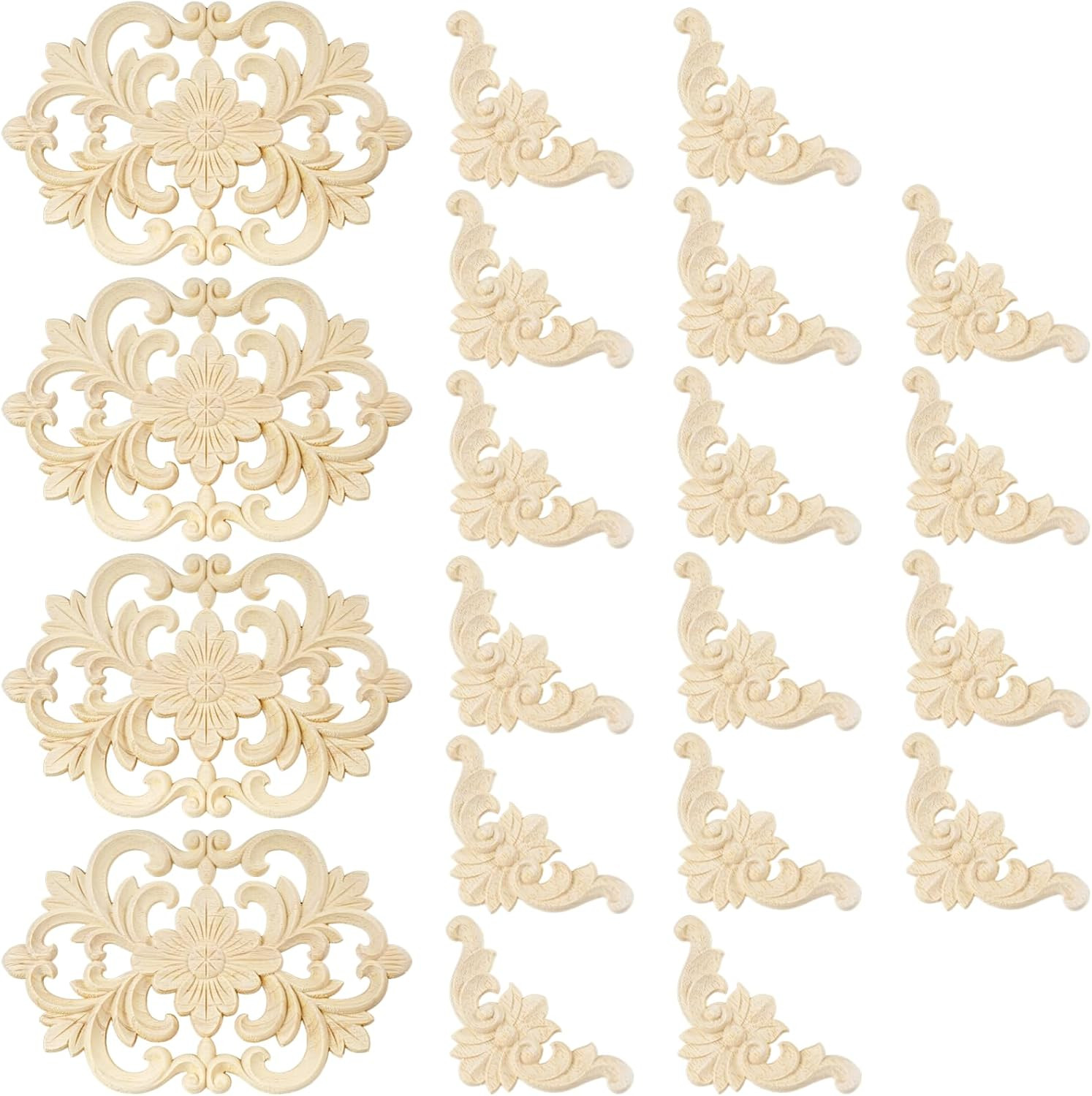 20 Pcs Wood Carved Appliques Onlays, Decorative Flower Decals for Furniture Door