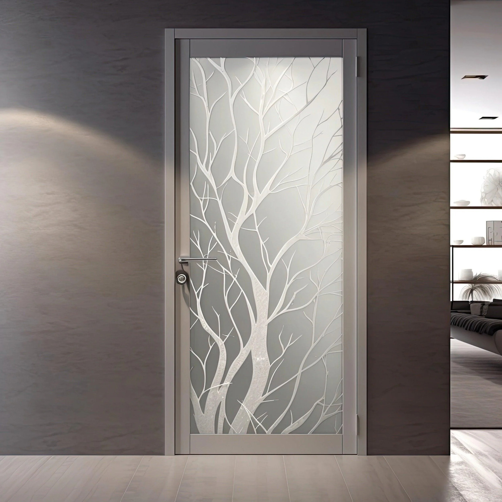 Frosted White Tree Silhouette Decal for Glass Door – Elegant Etched Branch