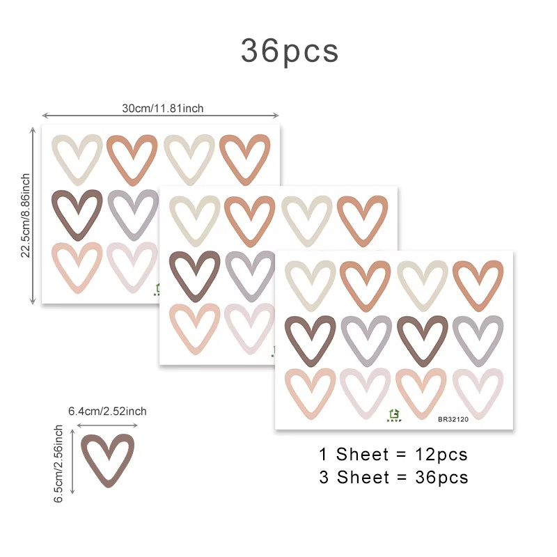 36Pcs Heart Shape Trendy Boho Style Wall Stickers Bohemian Wall Decals for Livin