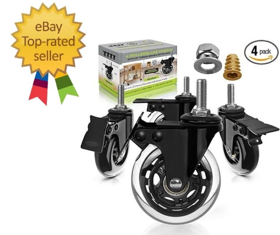 CB693 Premium 3 Inch Rubber Caster Wheels with Brake (4 Pack) Rollerblade Style