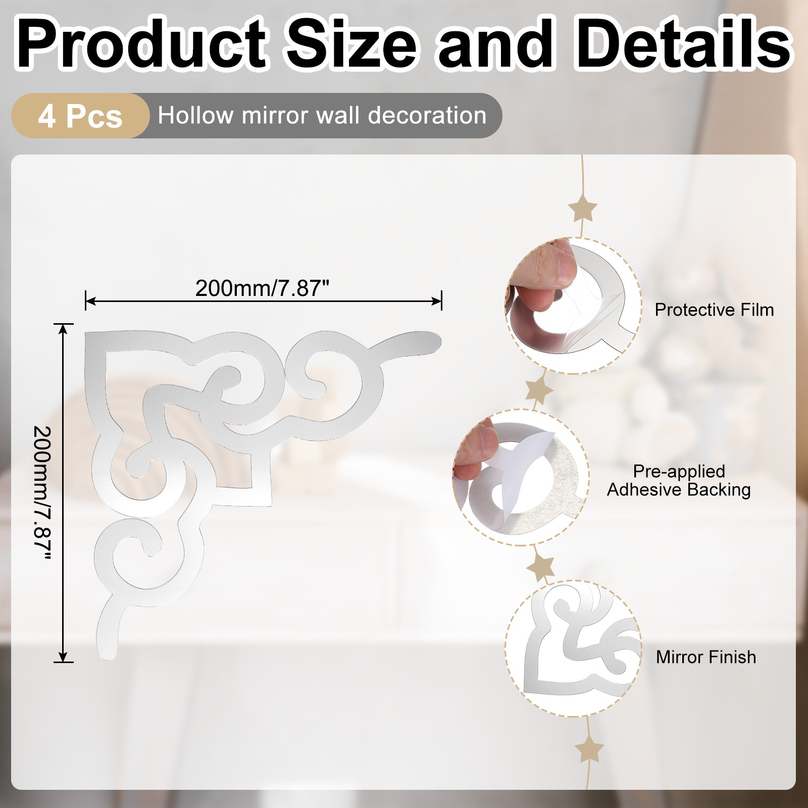4 Pcs Hollow Mirror Wall Stickers (Silver Tone, 7.9 x 7.9")