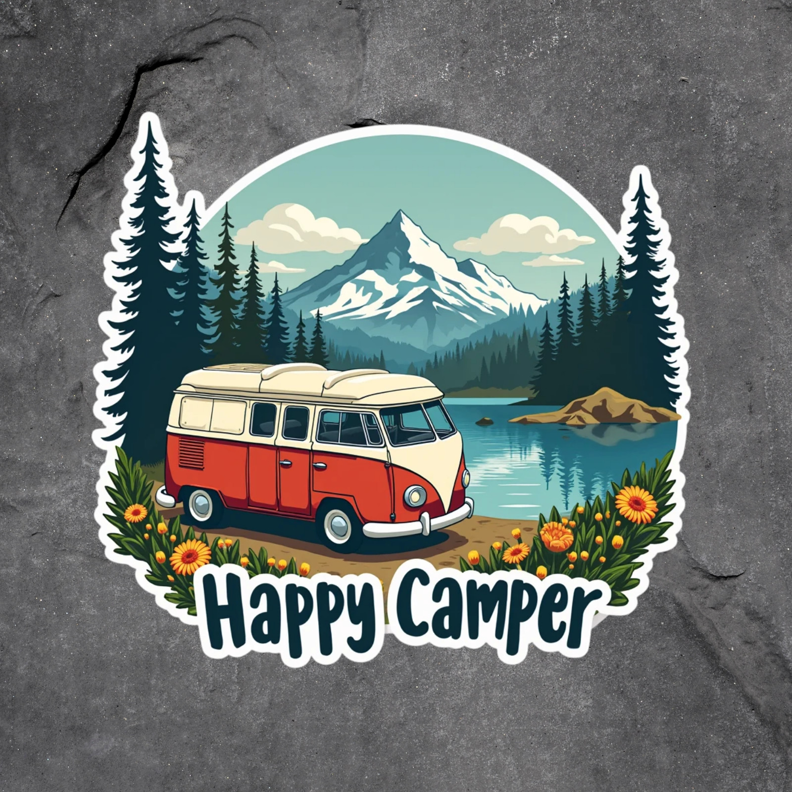 Happy Camper sticker vinyl decal vintage van camping lake mountain adventure