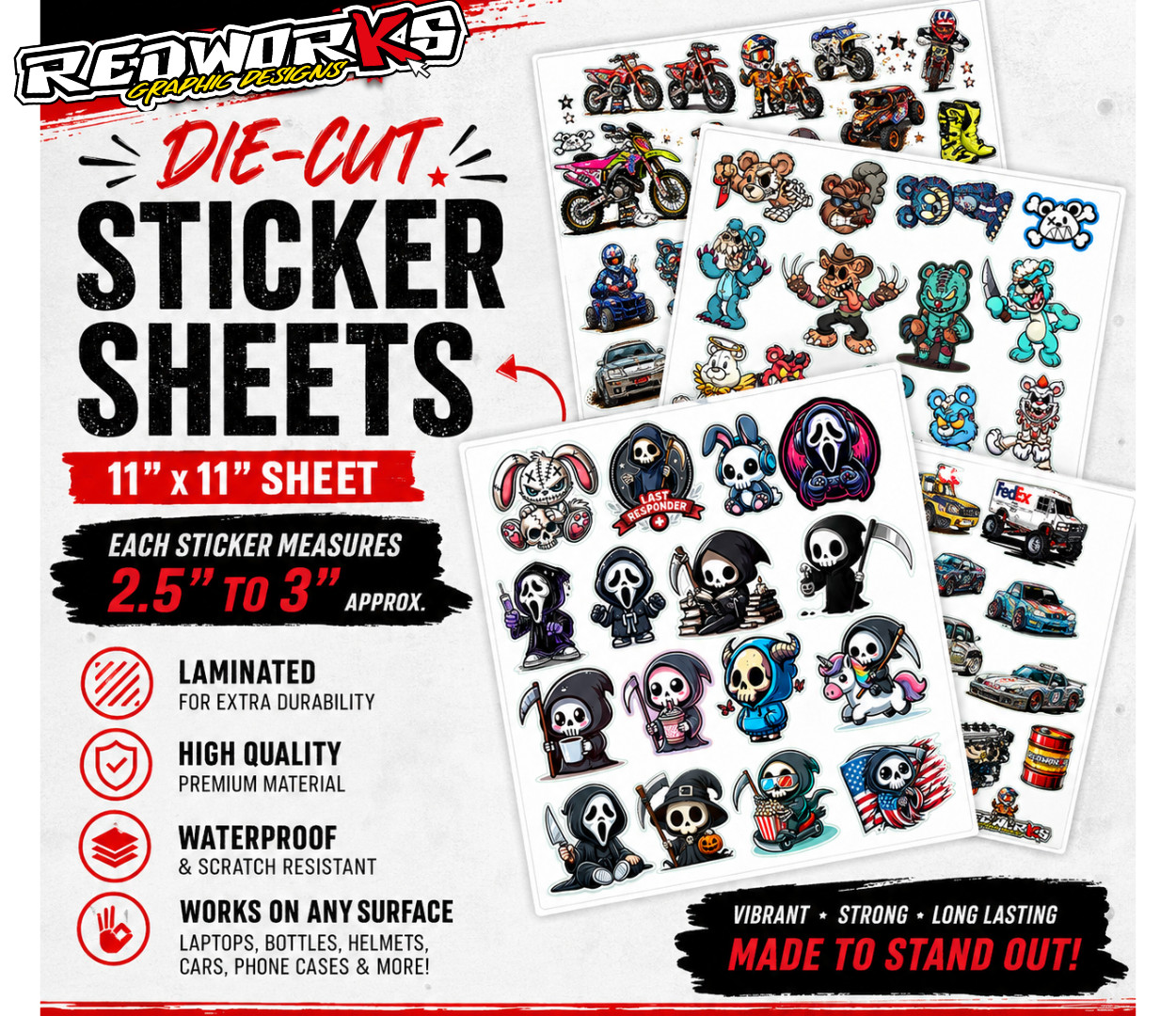 11"x11" Die Cut Sticker Sheet | Waterproof Laminated Vinyl | Choose Style