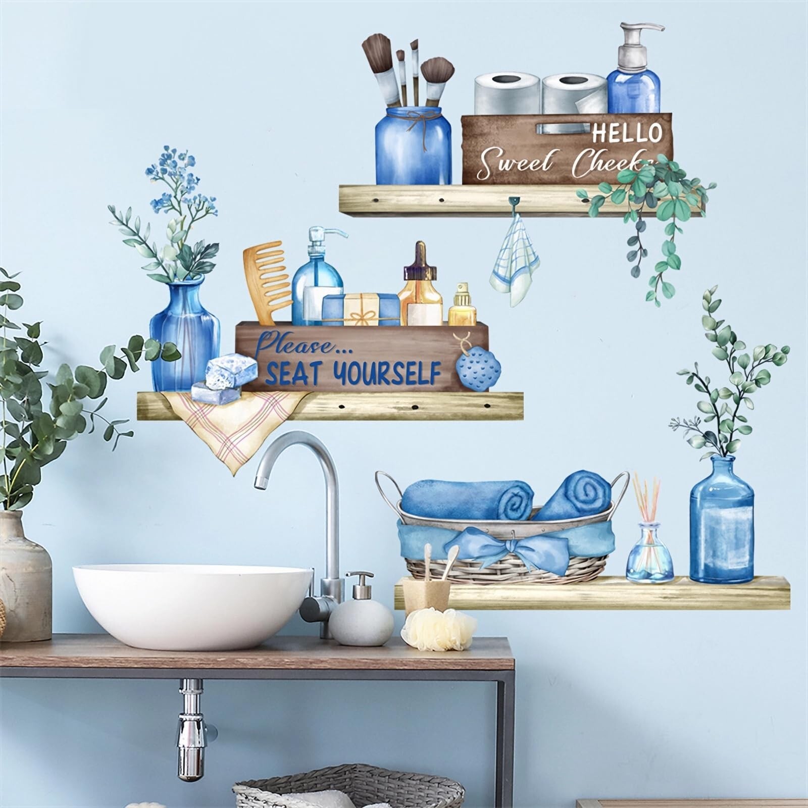Blue Towel Shelf Wall Stickers, sacinora Cosmetic Brush Organizer DIY Wall De…