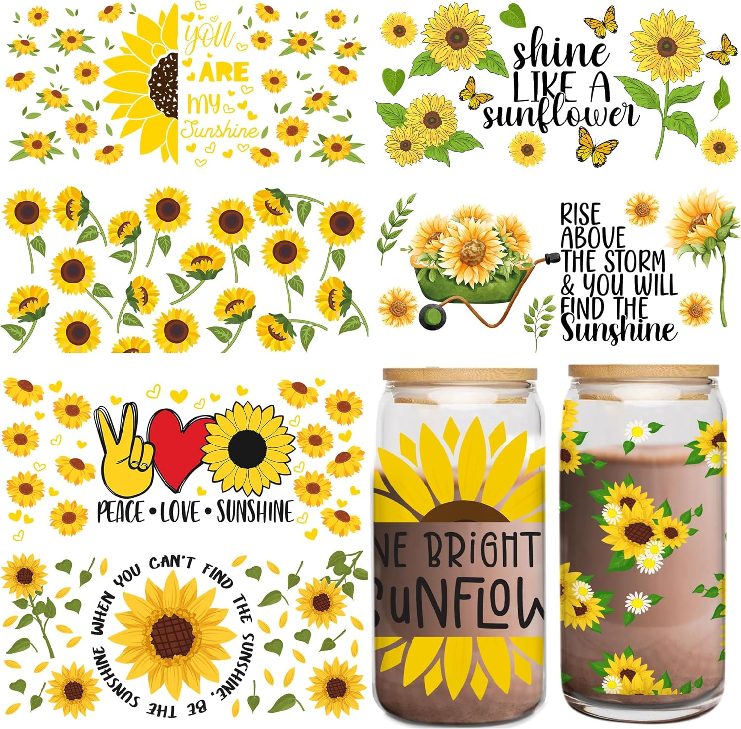 UV DTF Cup Wraps Sticker – 8 Sheets Sunflower UV DTF for 16 OZ Glass, Sunflower,