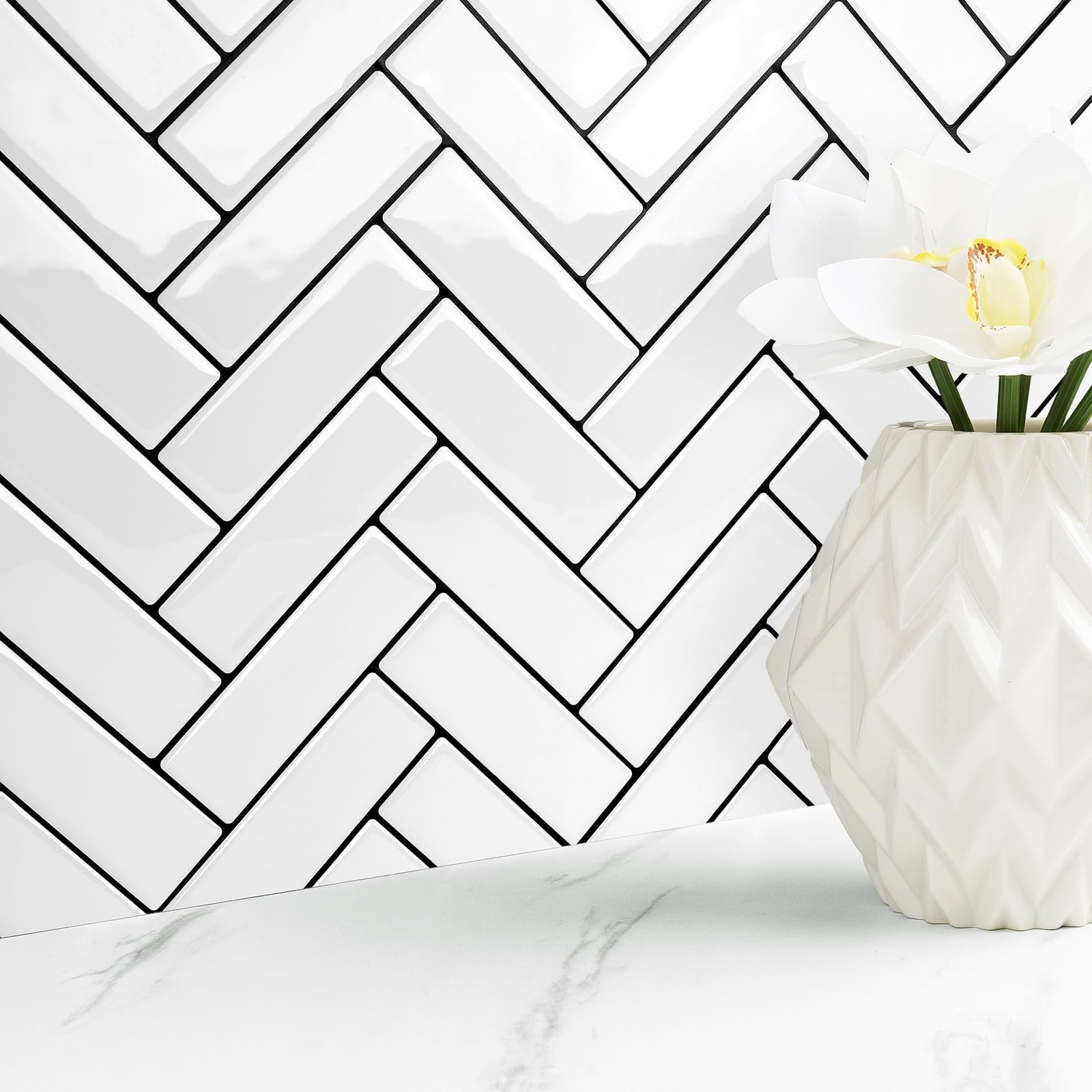 White Herringbone Subway Tile Peel and Stick Backsplash for Kitchen Wall Bath…