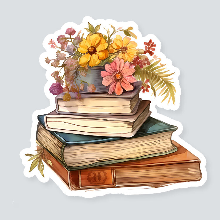 Stack of Books with Flowers Vinyl Sticker – Literary Decor SIZE 5"