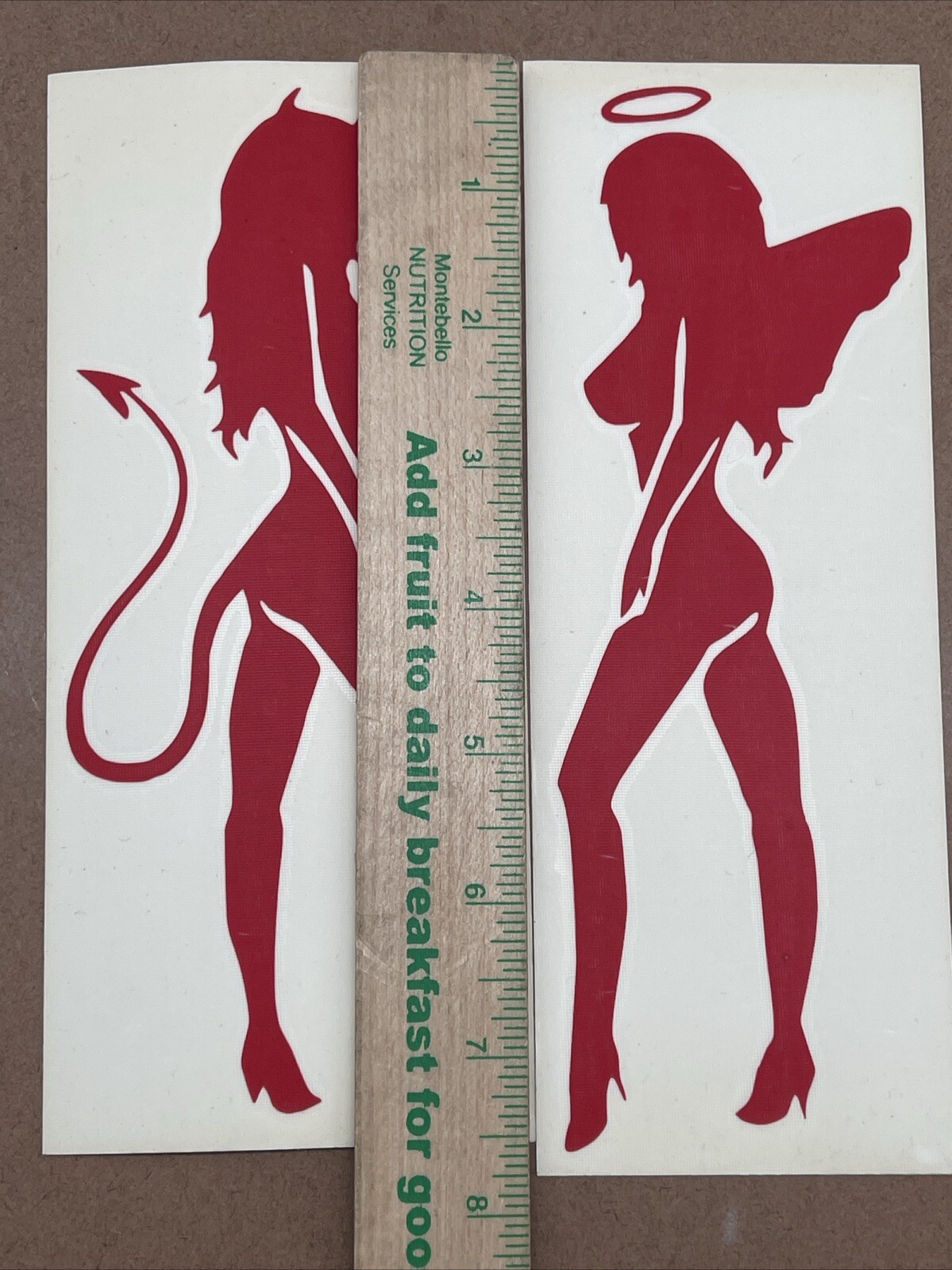 Set Of 2 Devil & Angel Girls Red Vinyl Decal: 8” X 3”, Not For Porous Surfaces