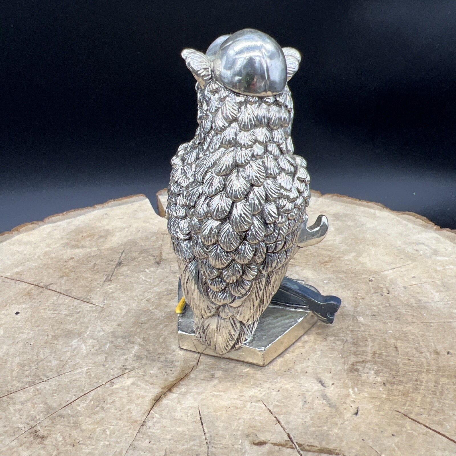 SILVER OWL ART DECOR with title MECHANIC 3.5in Tall Partially painted