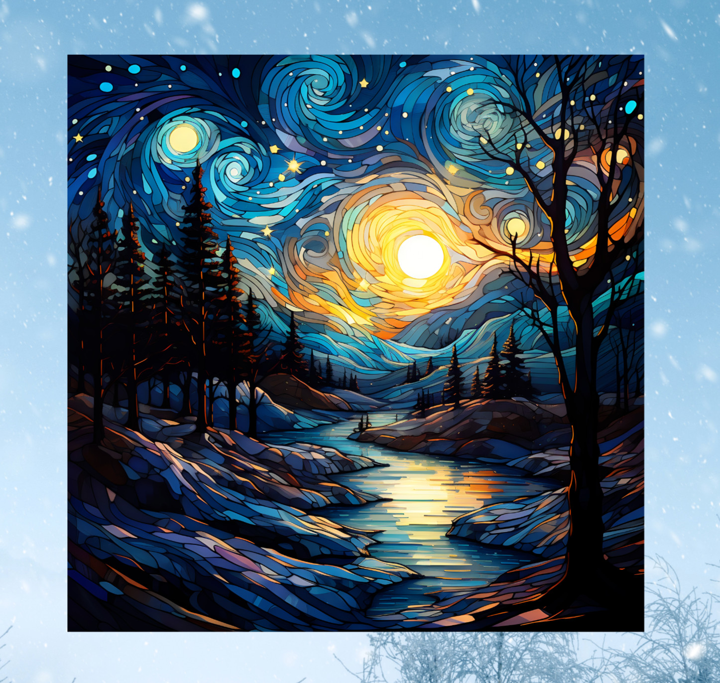 Starry Winter Sunset Faux Stained-Glass WINDOW CLING Size 8" Vinyl