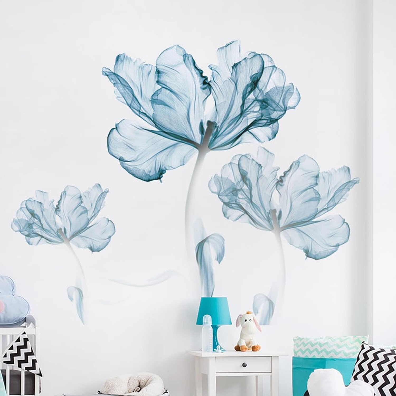 Runtoo Blue Flower Wall Decals Poppy Floral Wall Art Stickers for Girls Bedro…