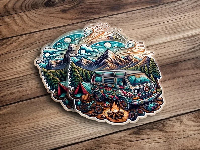 Van Life Adventure Sticker – Water-Resistant Camping Scene, VW Bus, Outdoor Gift