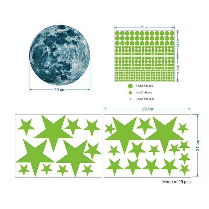 Luminous Blue Moon & Stars Wall Stickers Glow In The Dark Removable Decal Decor