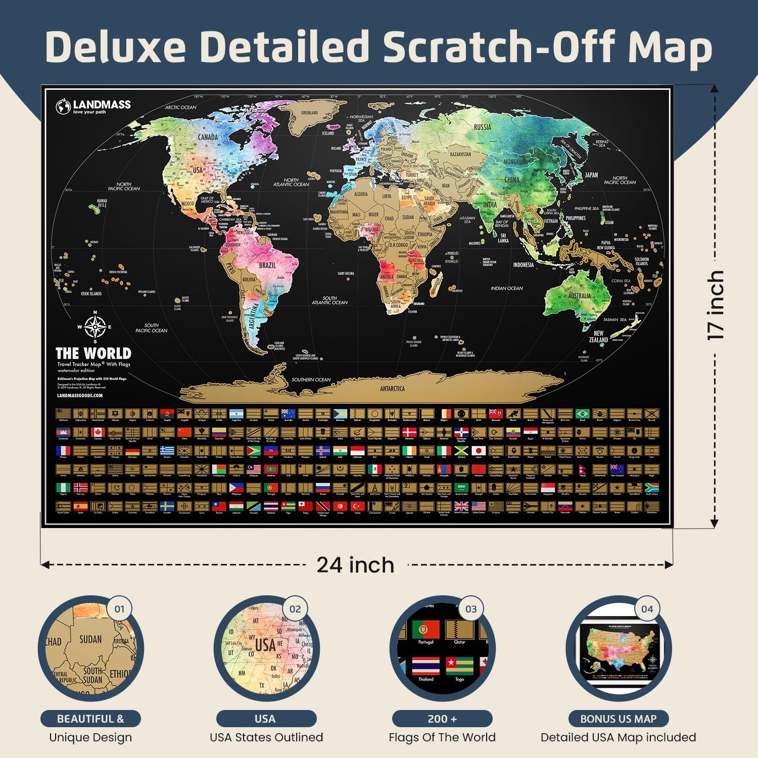 Landmass Scratch Off World Map Poster, Bonus USA Map Included, Track Your Tra…