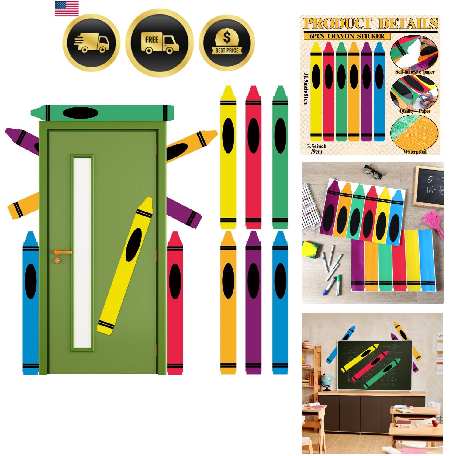 Colorful Crayon Wall Decals Stickers Rainbow Peel and Stick Decor for Walls