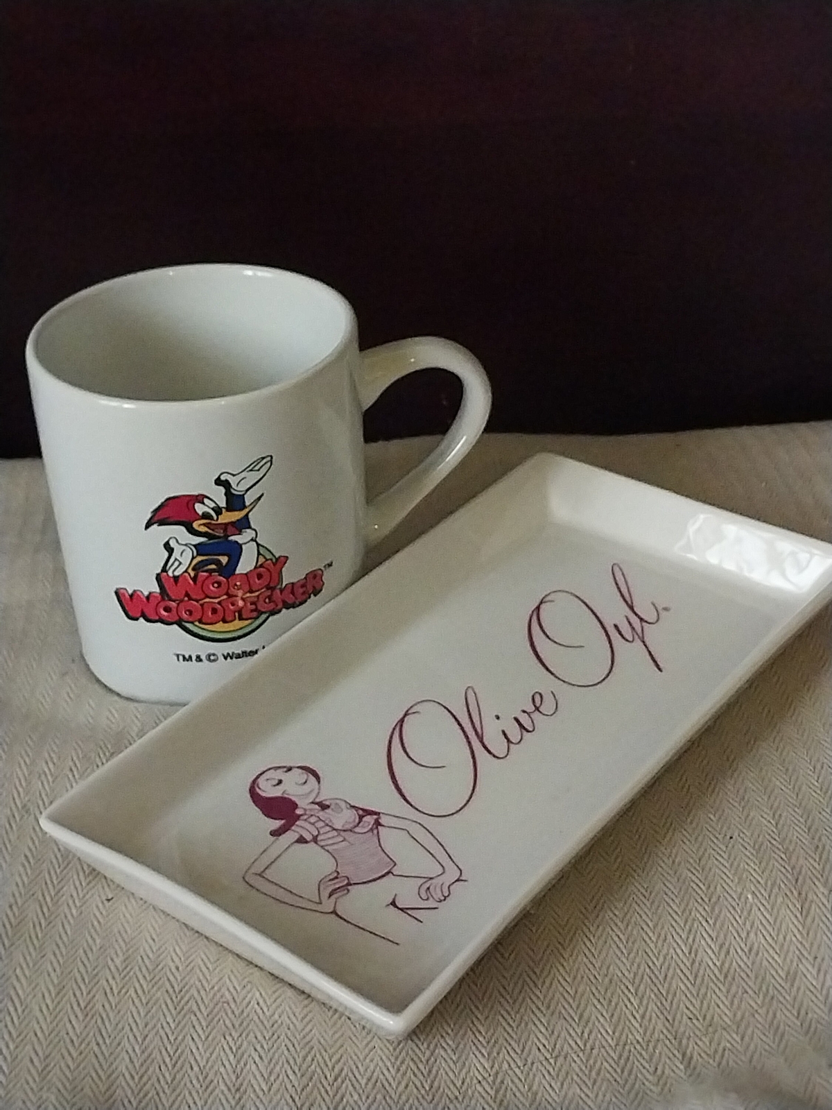 RARE: 7.5" Olive Oly Porcelain Tray + Woody Woodpecker Mug; Vintage New