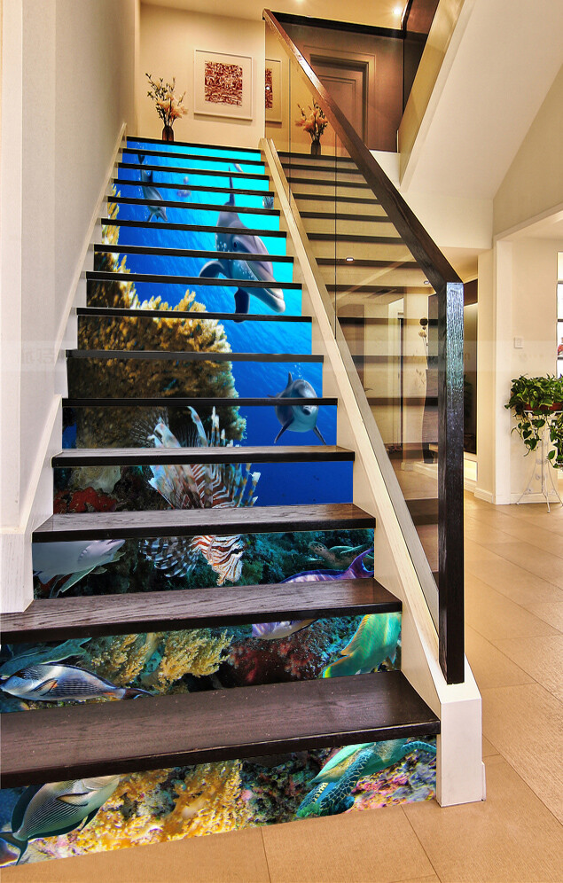 3D Undersea Dolphin AZ339 Stair Risers Decoration Mural Vinyl Wallpaper Kay