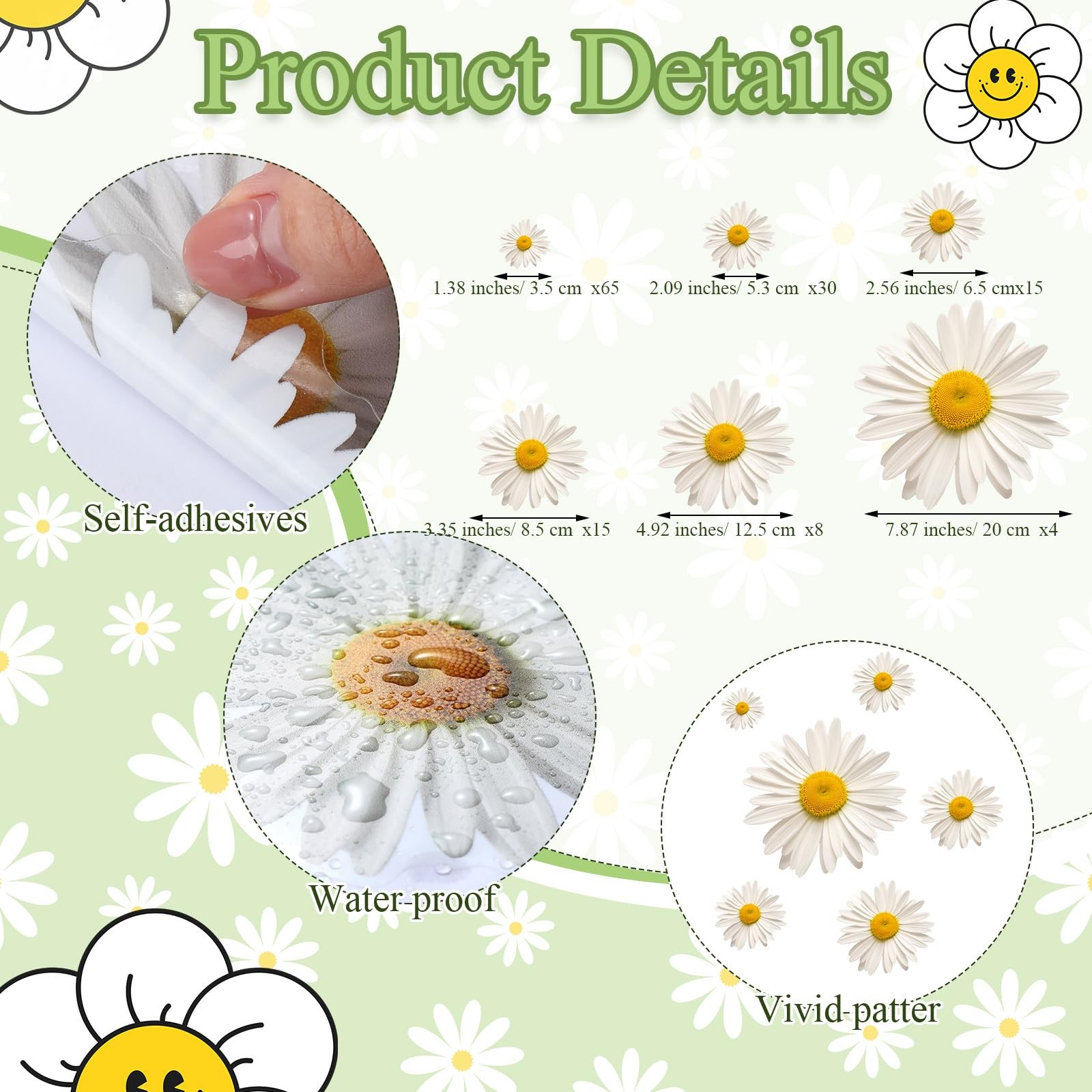 12 Sheets Daisy Stickers 130 Pcs Flower Car Decals Self Adhesive Vinyl Retro