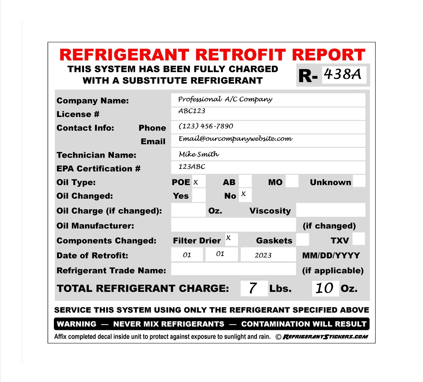 HVACR Refrigerant Retrofit Report Decal Stickers X10 – R438A R407C R421A etc.