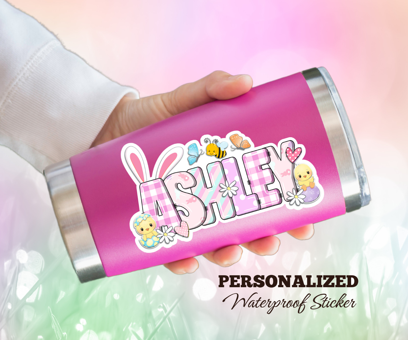 Personalized Easter Bunny Name Sticker, Cute Spring Vinyl Decal, Basket Tag Gift