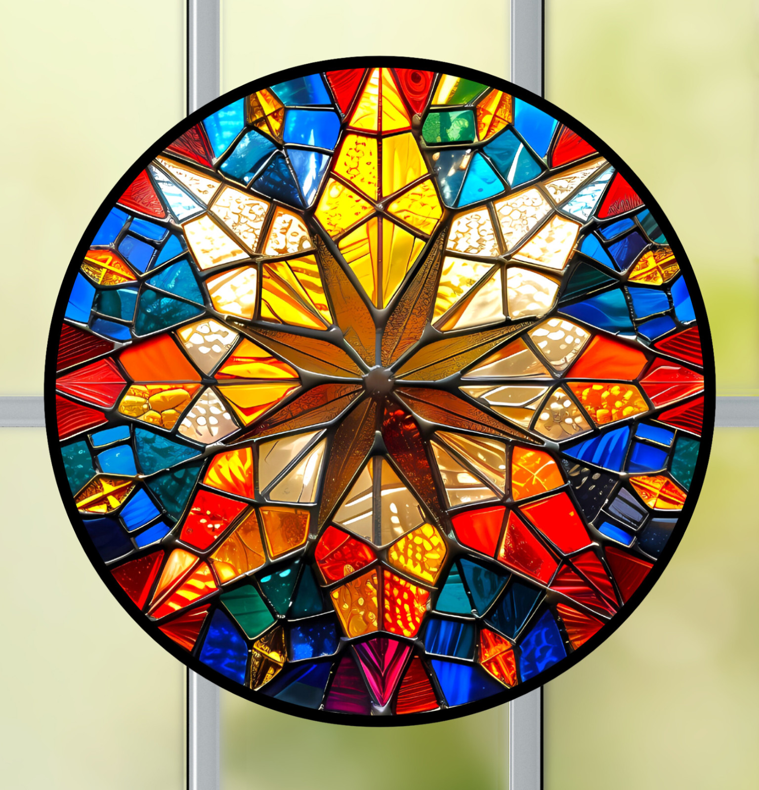 Colorful Star Faux Stained-Glass WINDOW CLING Size 8" Round Vinyl