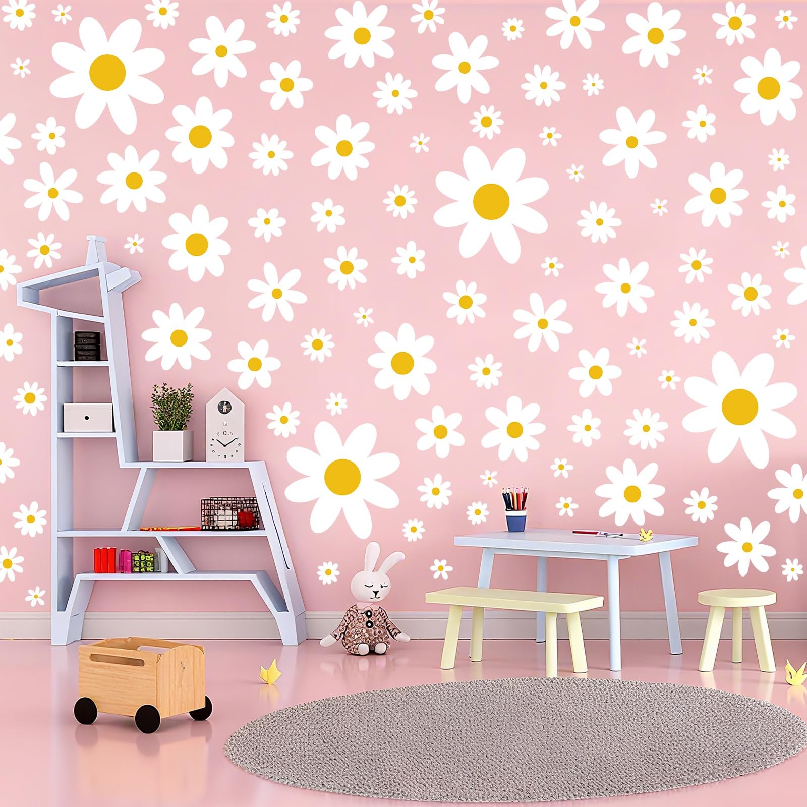 Daisy Wall Decal, 8 Sheets 96Pcs Daisy Flower Wall Stickers Peel and Stick Wh…
