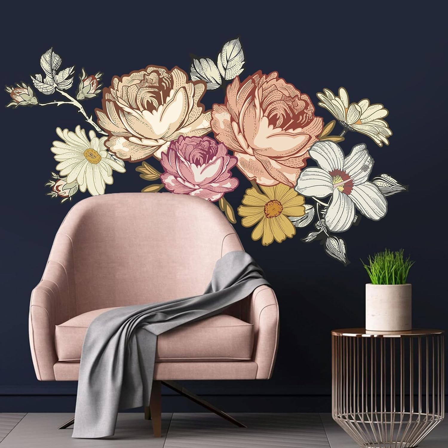 Vintage Peony & Daisies Wall Sticker – Elegant Floral Decal for Indoor Charm