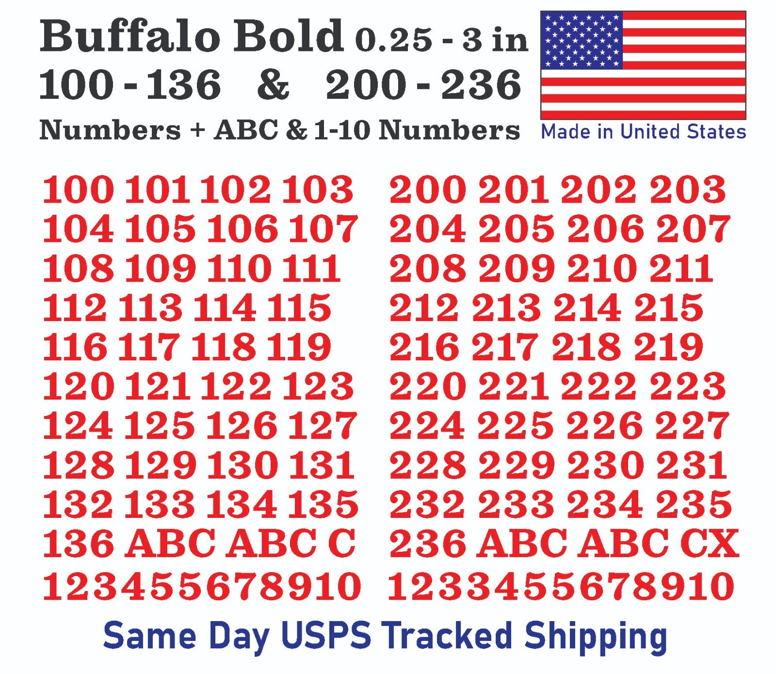 100-136 & 200-236 Vinyl Decal Numbers – Mailbox, Wall, Address, Locker Stickers