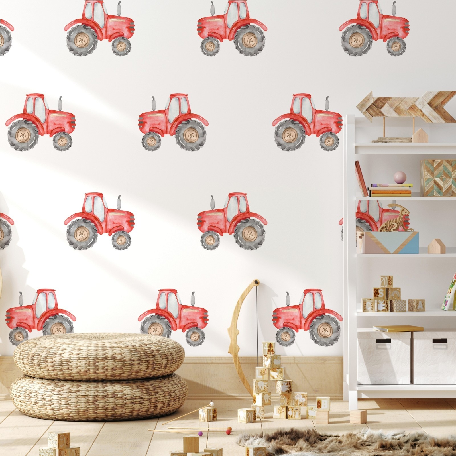 X-SMALL Red Tractor Wall Decals Set Watercolor Farm Vehicle Stickers Removable