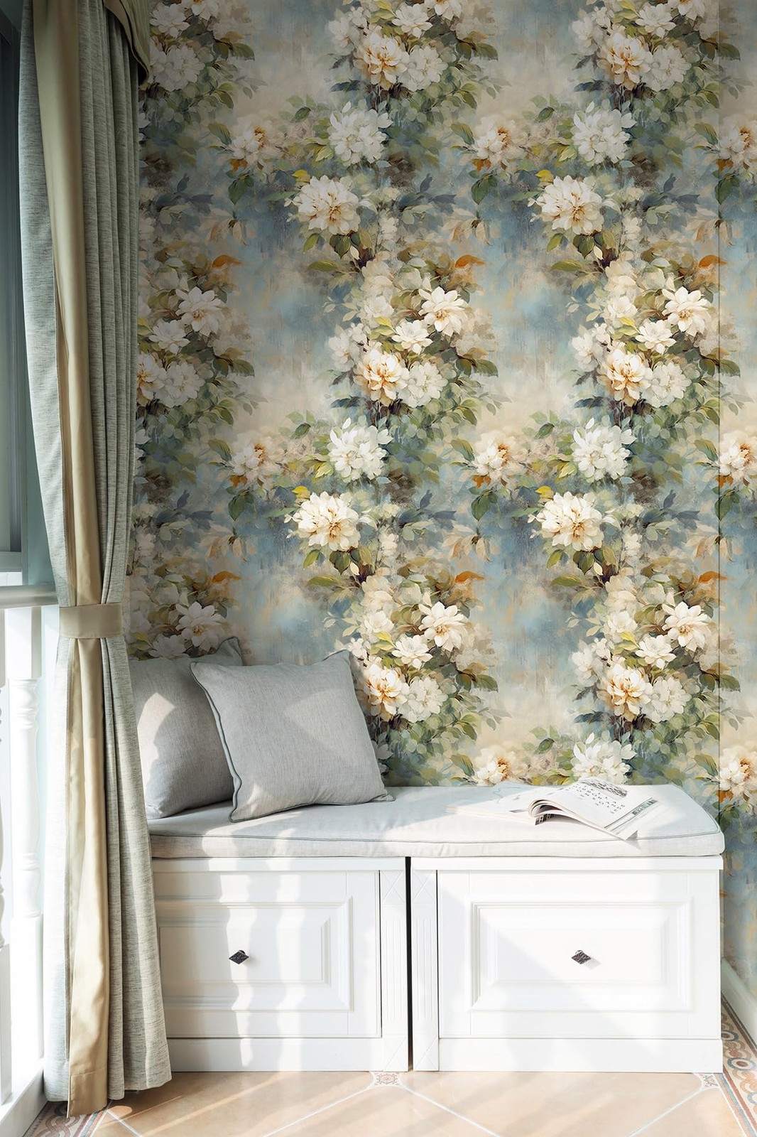 HAOKHOME Peel and Stick Floral Wallpaper Beige/Blue/Green Flower Bouquet Wall…