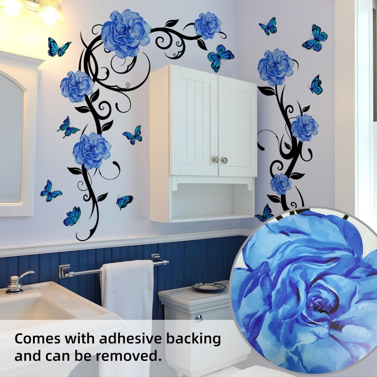 Blue Flower Vine Butterfly Wall Decals Removable Vinyl Peel and Stick Wall St…