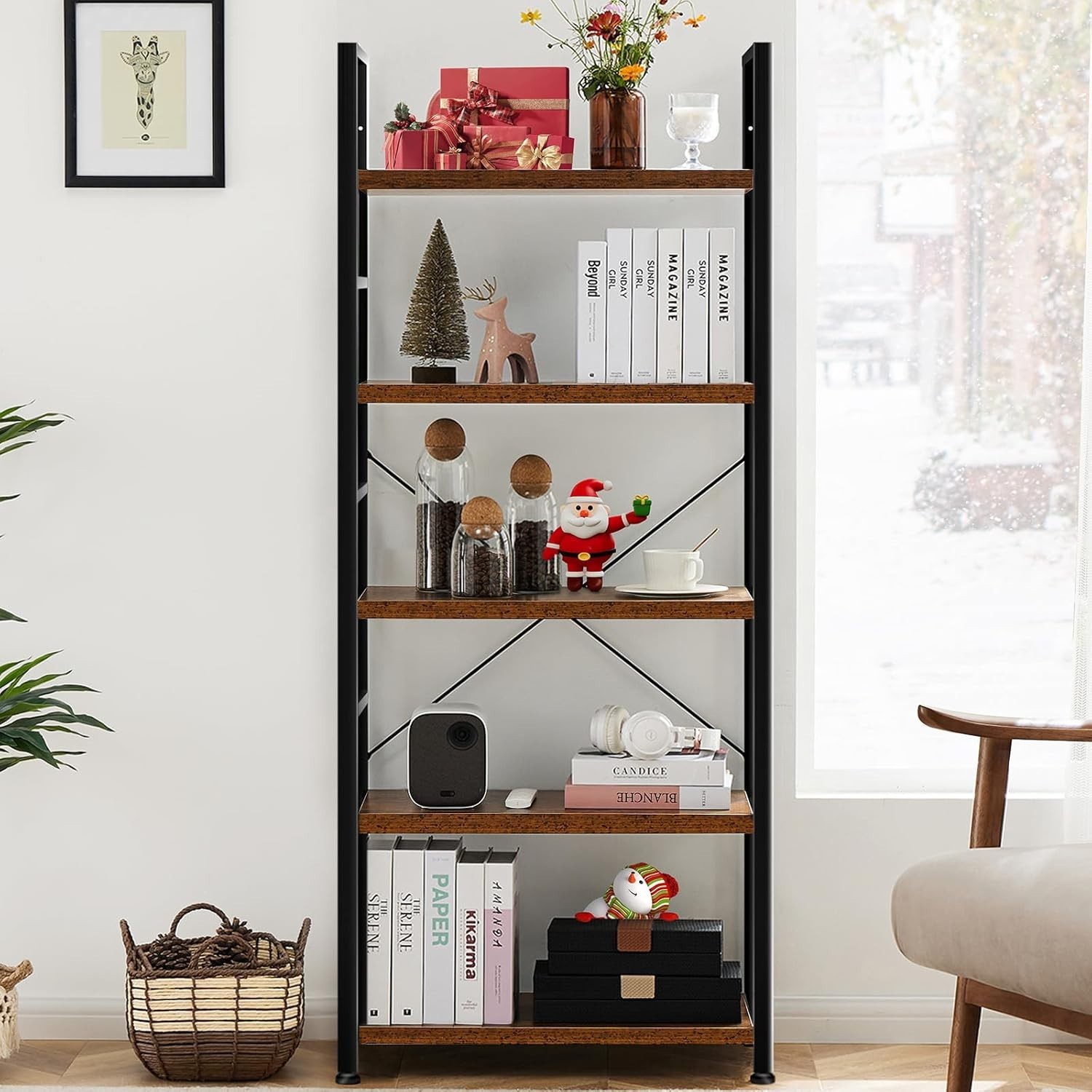 5 Tier Bookshelf – Rustic Brown Storage Organizer Display