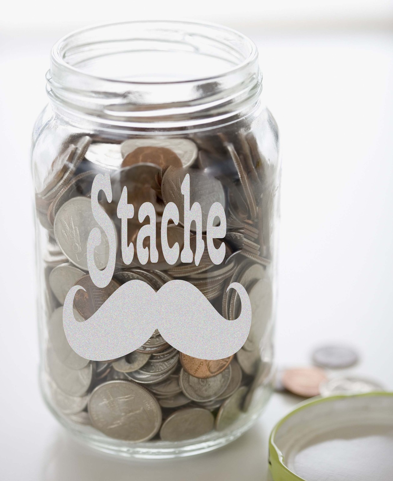 Moustache STACHE Frosted Etched Glass Money Jar Vinyl Sticker Decal 3"w- 5"w