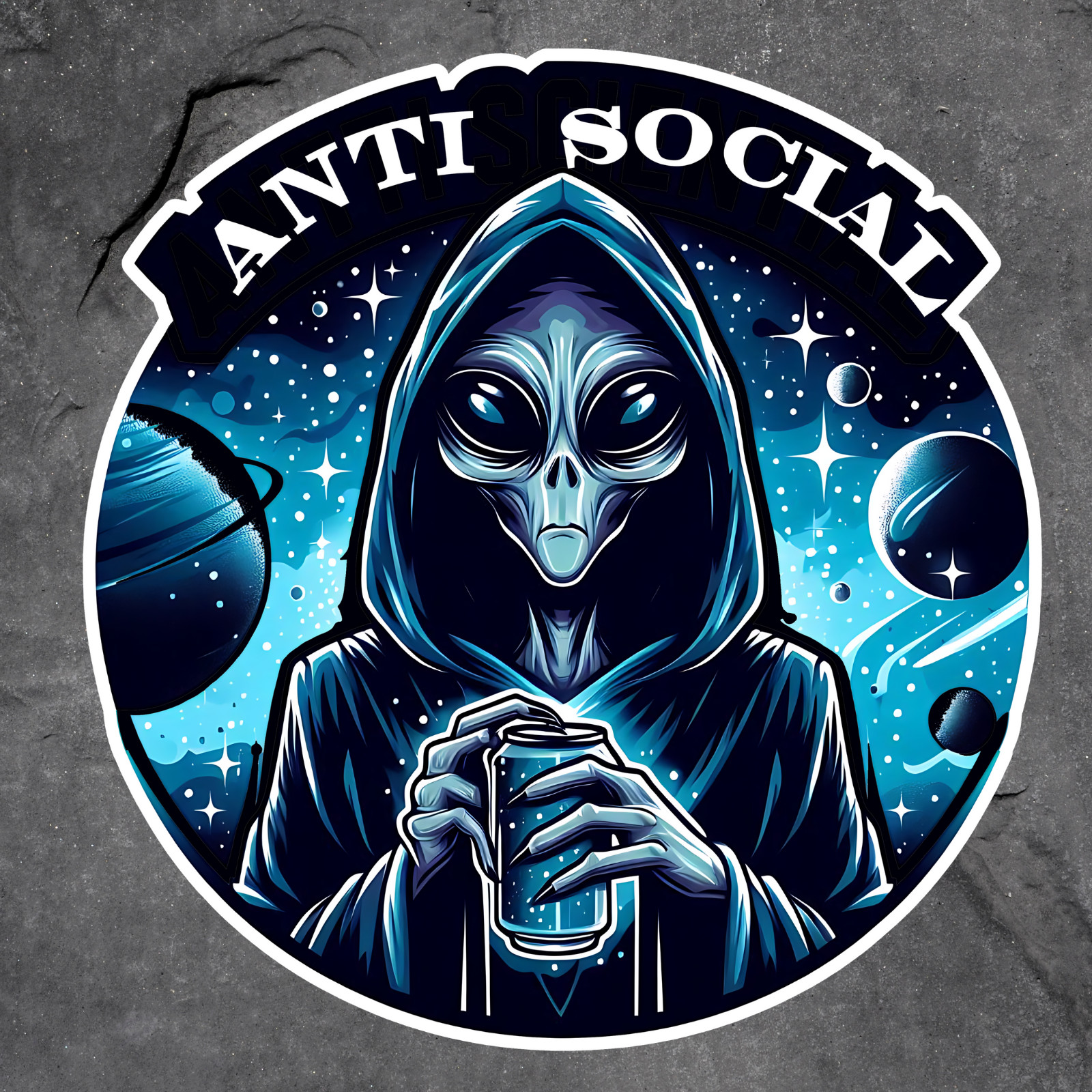Alien sticker vinyl decal antisocial space hoodie soda planets retro galaxy
