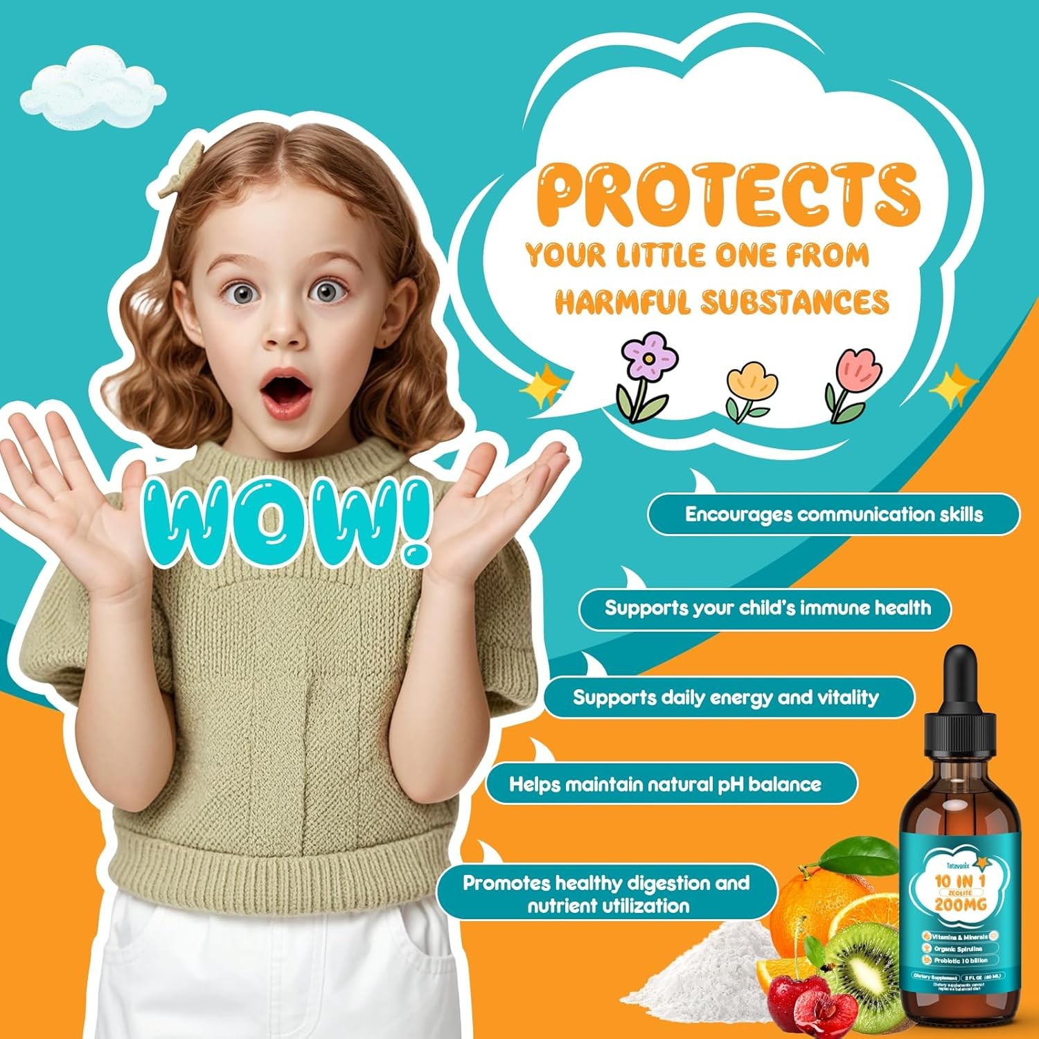 Zeolite Detox for Kids & Adults, 10 in 1 Zeolite Drops with 300mcg Vitamins B12