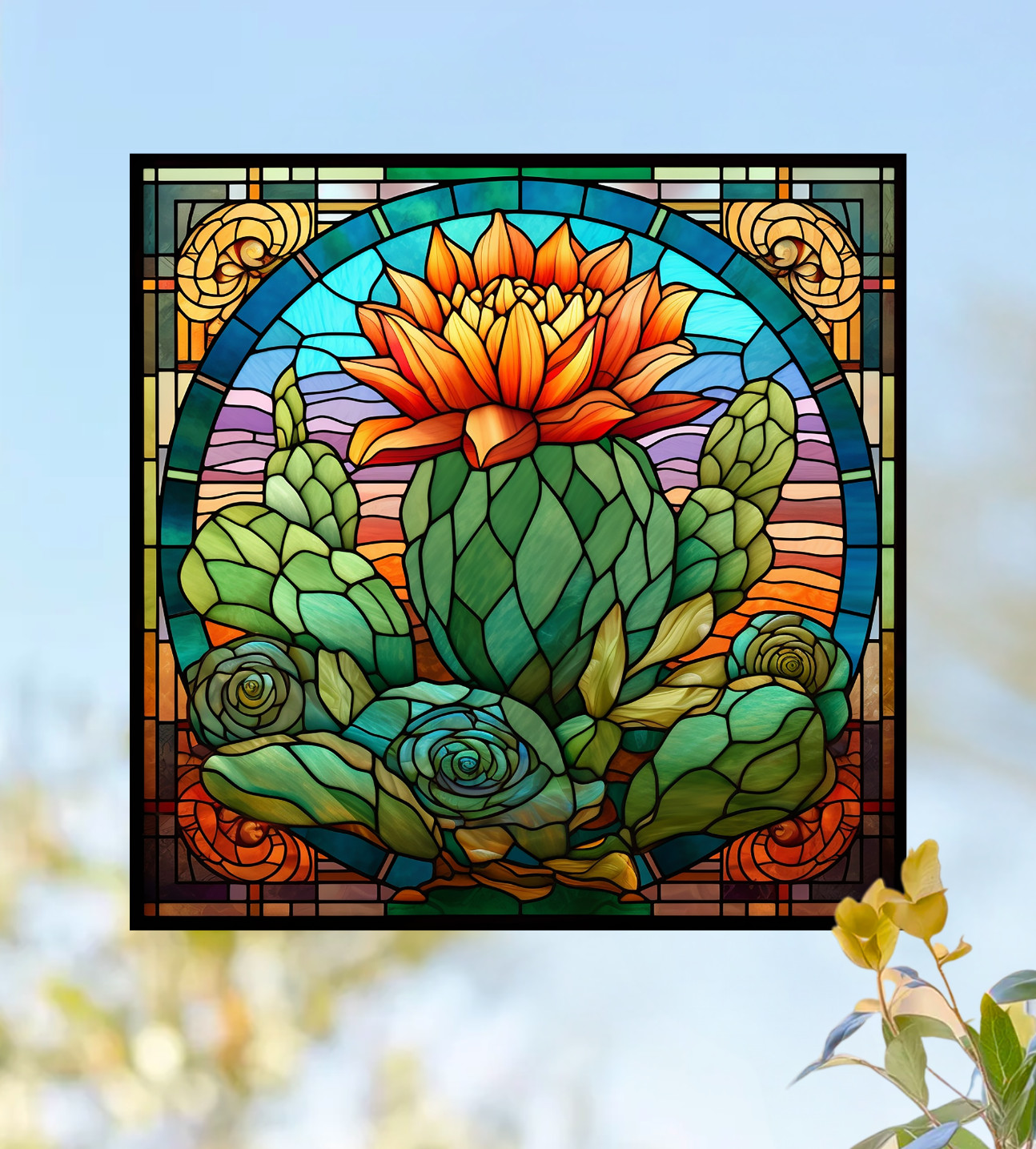 Cactus Faux Stained-Glass WINDOW CLING Size 8" Repositionable Vinyl