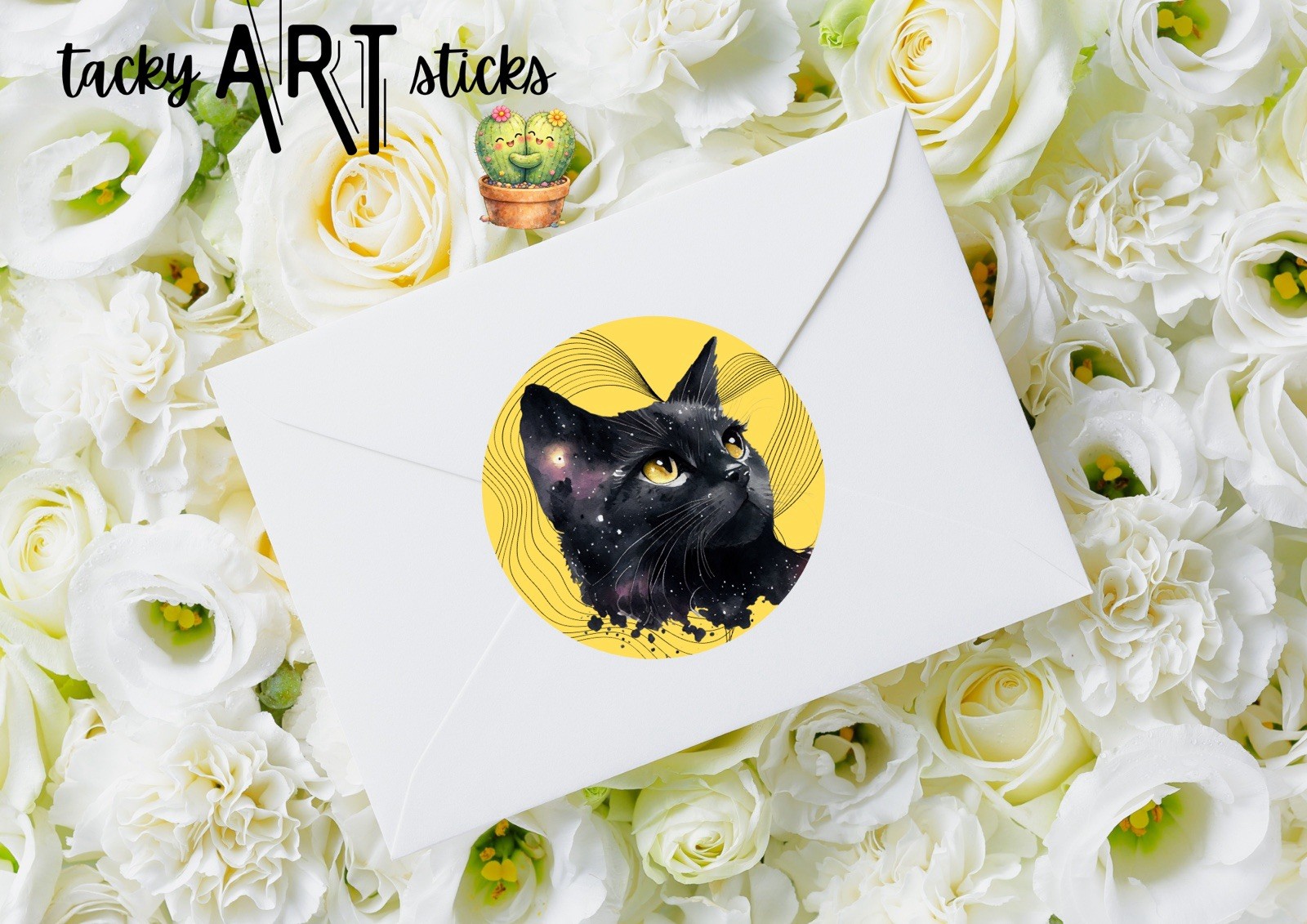 tacky ART sticks Vinyl Round Cat Sticker 3in Yellow Black Self-Adhesive Glossy