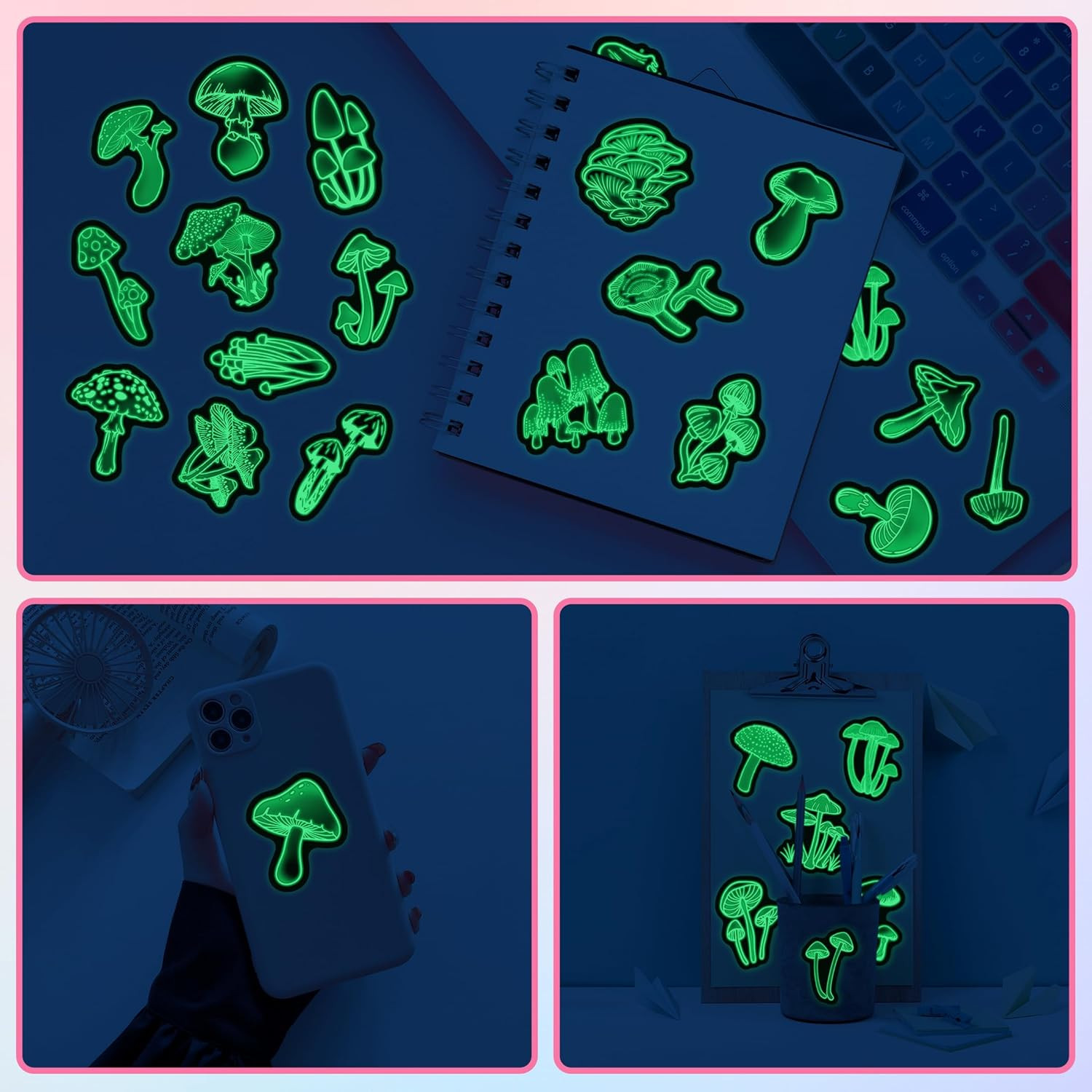 50 Pcs Glow in the Dark Neon Mushroom Water Bottle Stickers, Waterproof Vinyl Mu