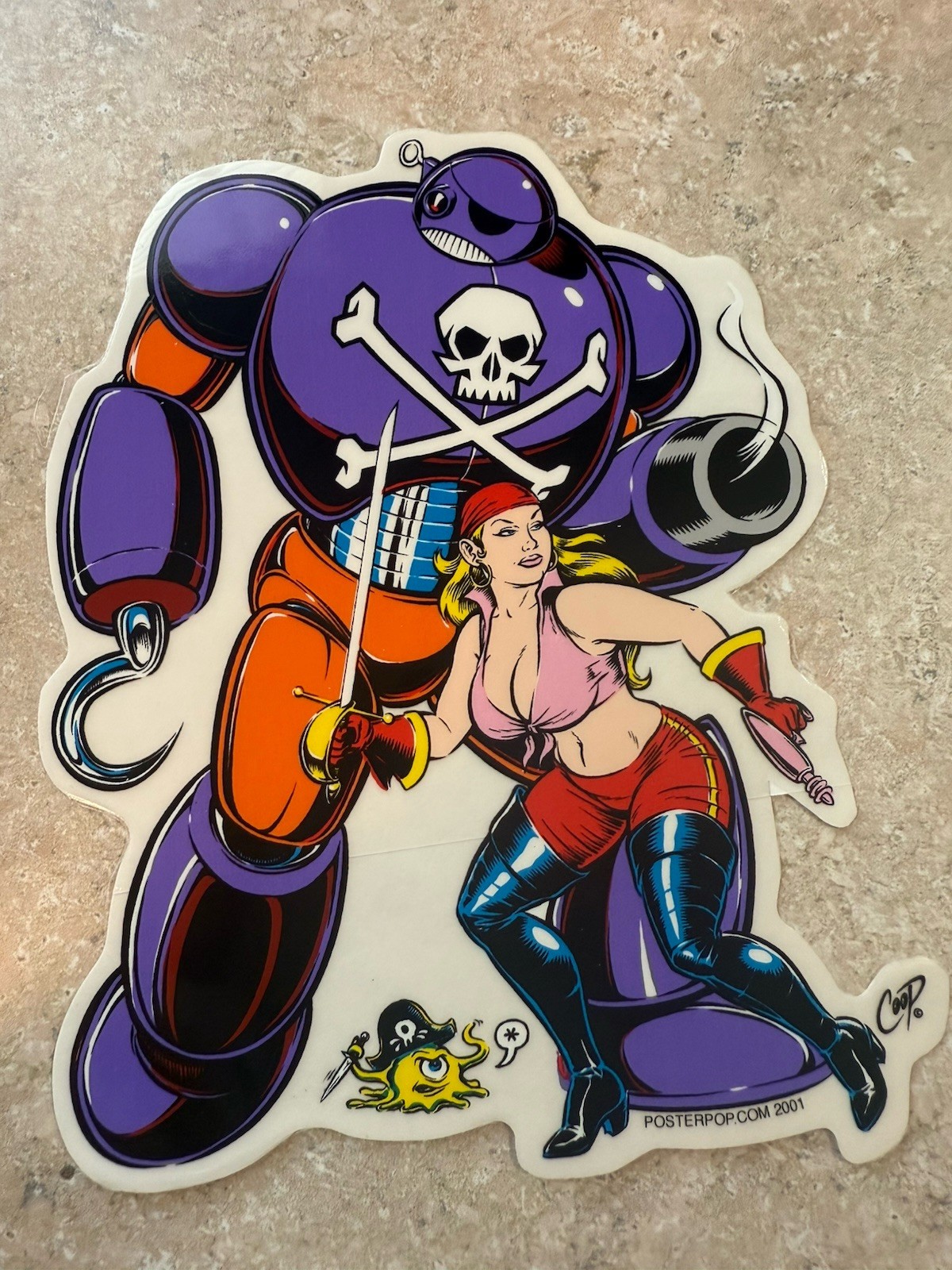 Vintage 6" Blonde Pirate Pinup Girl with Robot Decal Sticker Coop Poster Pop