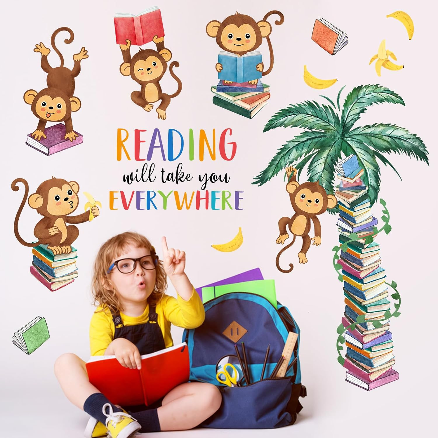 Monkey Reading Book Wall Decals Stickers, Reading Will Take You Everywhere Nurse