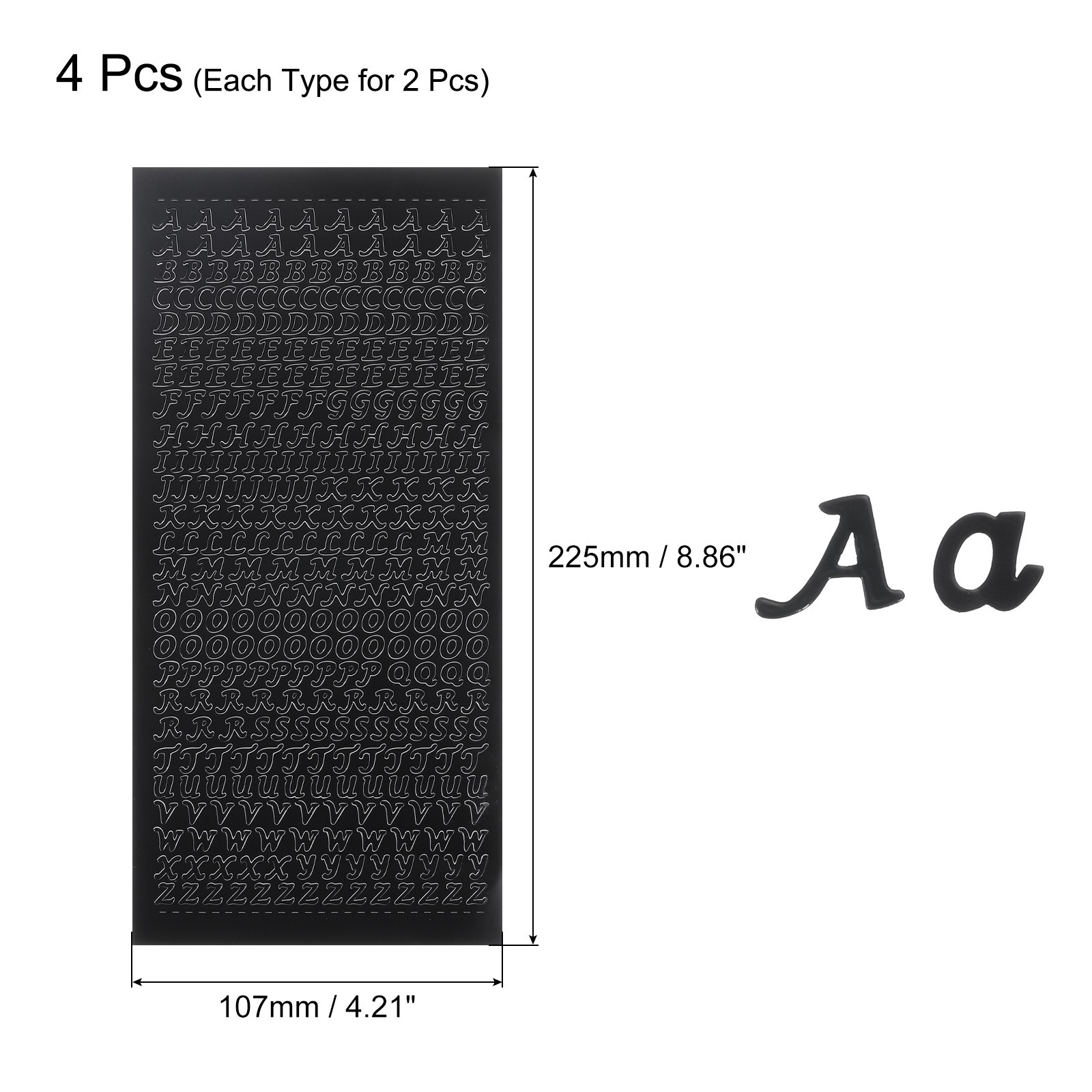 4 Sheets Alphabet Letter Sticker Black Upper Lower a to Z Self Adhesive