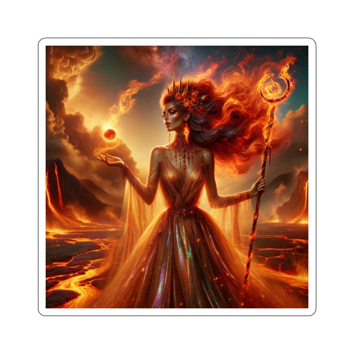 Sticker Fiery Sorceress Digital Art Flames 2×2 3×3 4×4 6×6